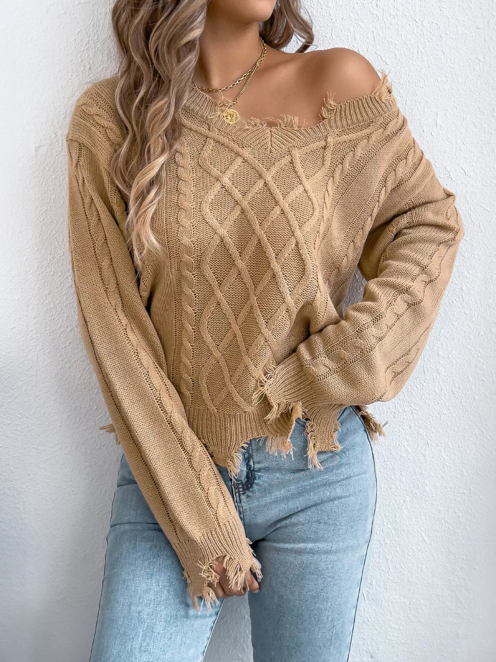 V-Neck Distressed Hem Cable Knit Sweater, image 9