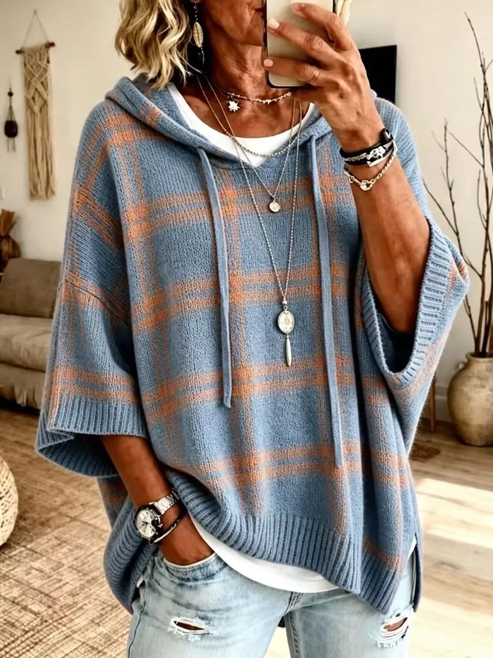 Full Size Drawstring Plaid Hooded Sweater Plus Size, image 5