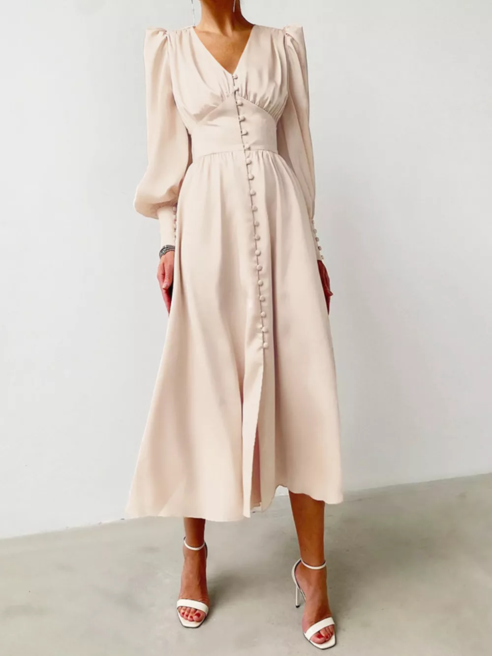 Elegant V-Neck Puff Sleeve Button-Down Midi Dress, image 4