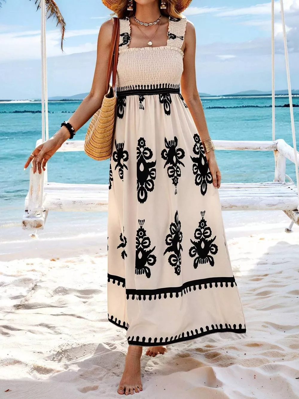 Smocked Printed Square Neck Maxi Dress, image 19