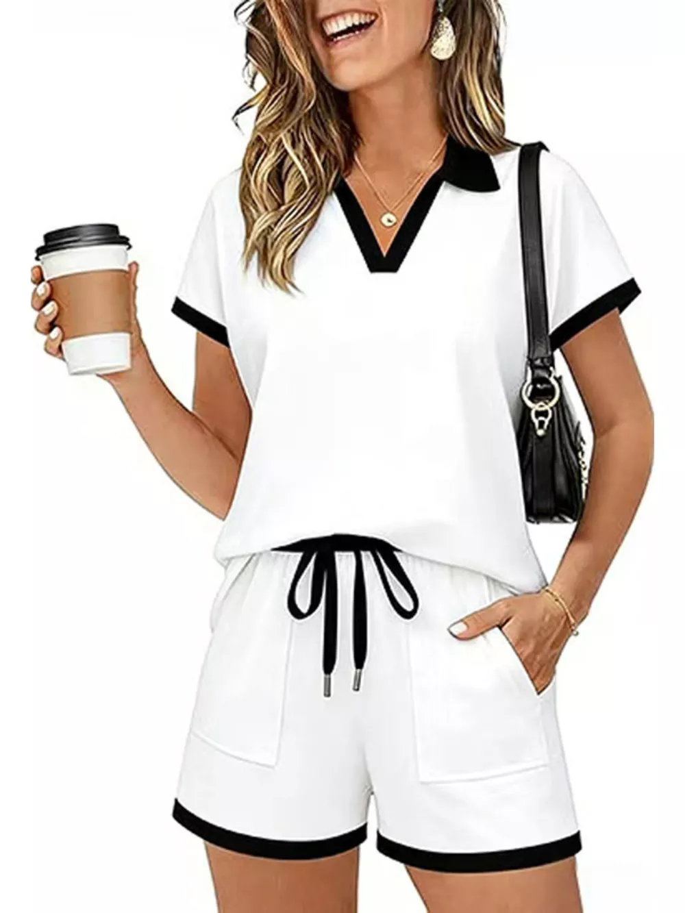 Polo Collar Short Sleeve Top and Shorts Set, image 8