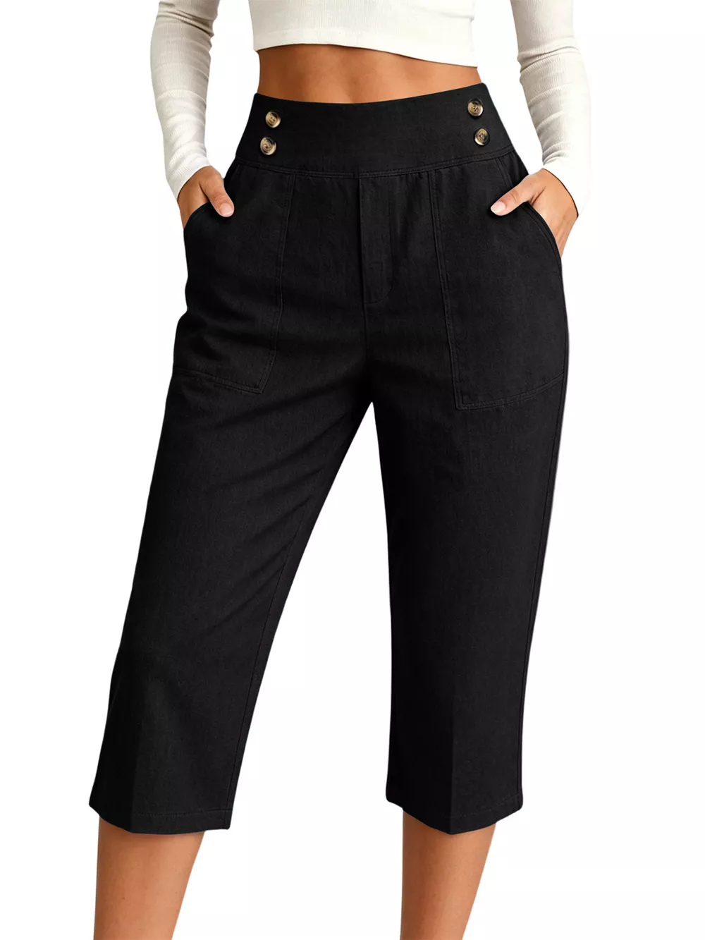 Full Size High-Waisted Button-Detail Cropped Pants Plus Size, image 7