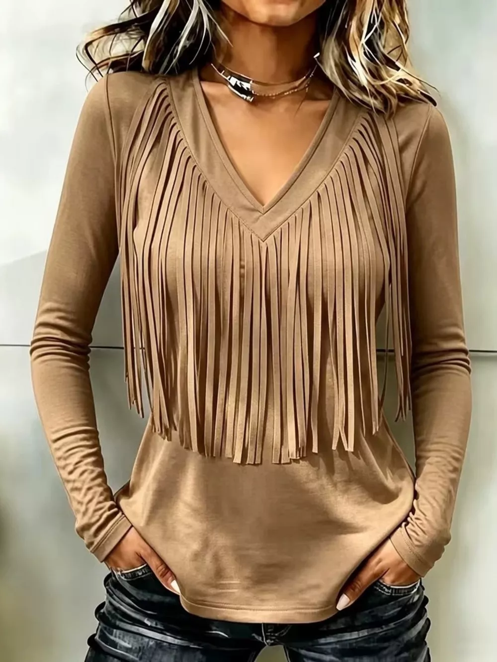 Fringe V-Neck Long Sleeve T-Shirt, image 2