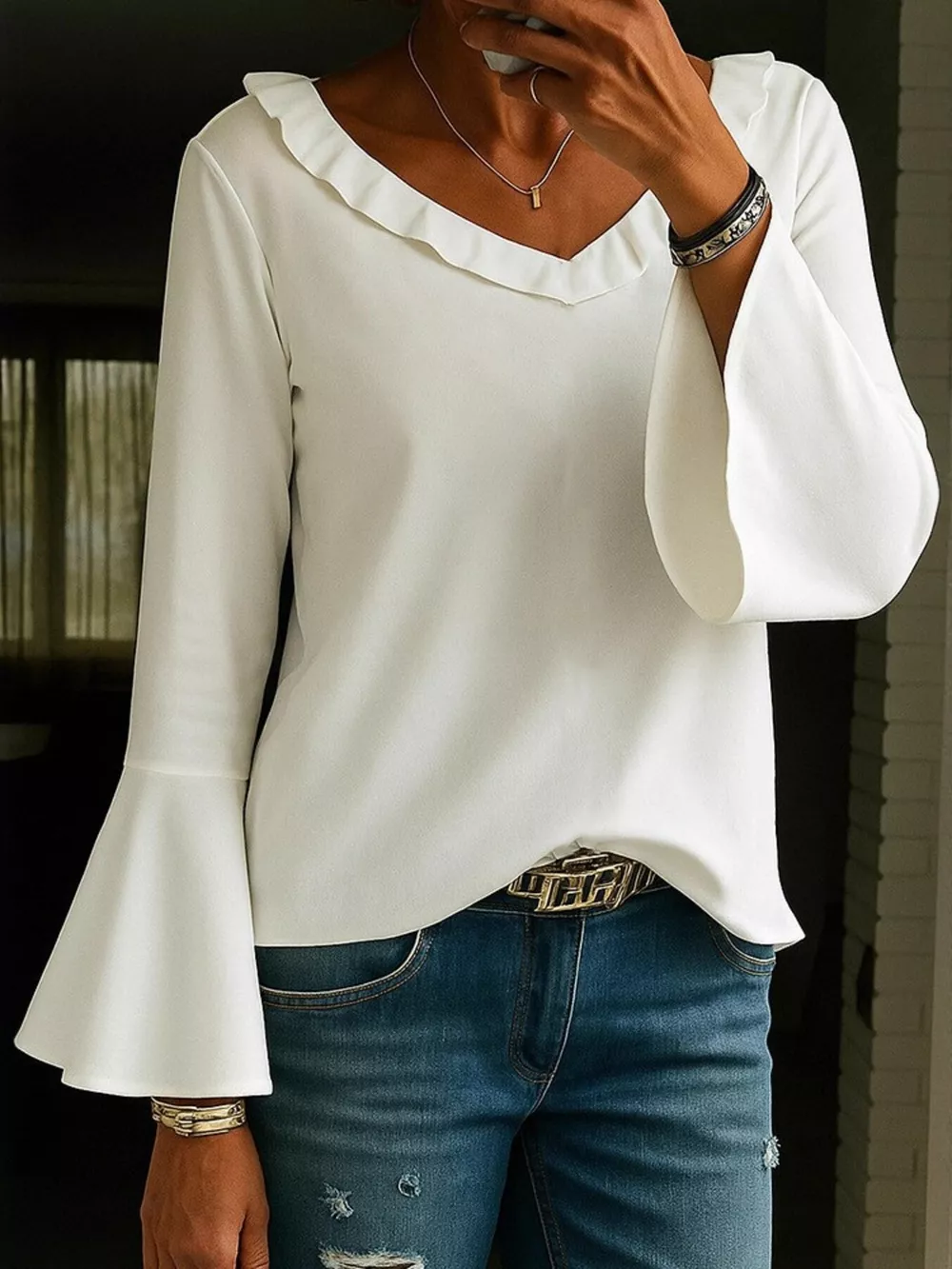 Ruffle V-Neck Bell Sleeve Blouse, image 2