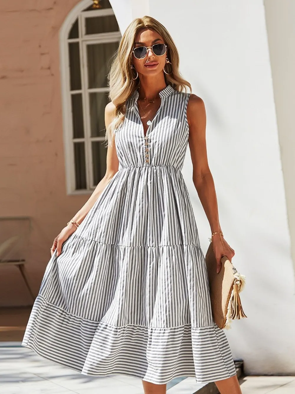Striped Sleeveless Tiered Midi Dress, image 5