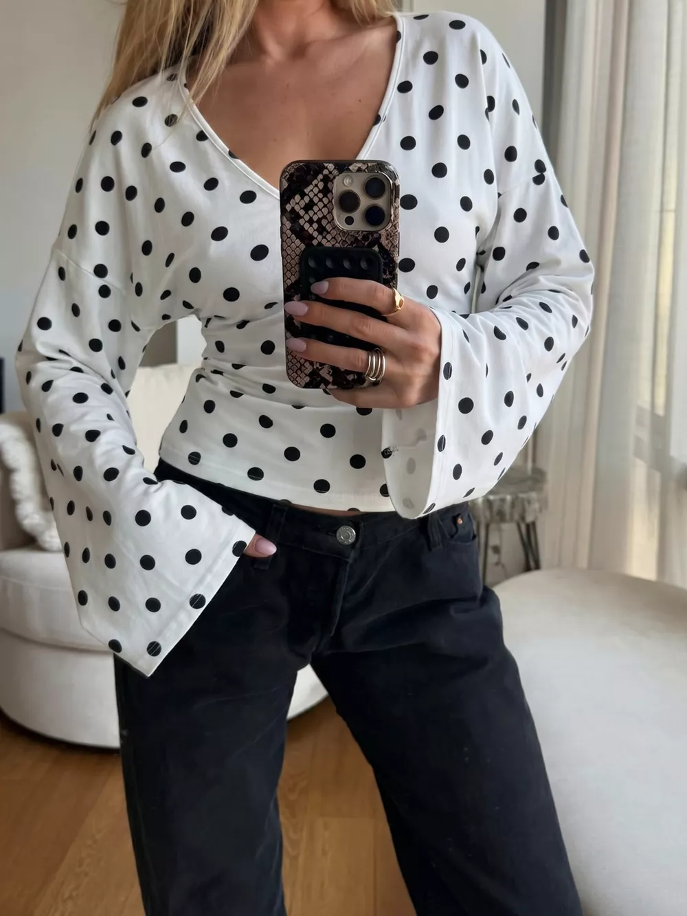Polka Dot V-Neck Long Sleeve T-Shirt, image 3