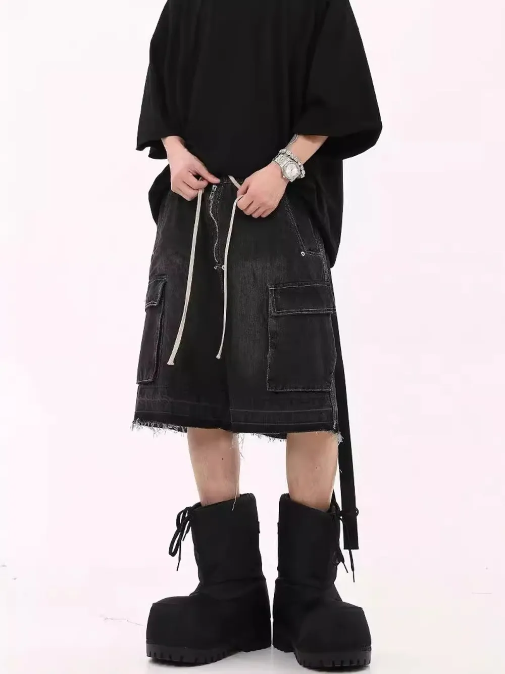 Men's Drawstring Cargo Denim Shorts with Zipper Detail, image 4