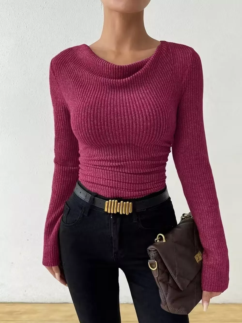 Cowl Neck Ribbed Long Sleeve Sweater, image 20