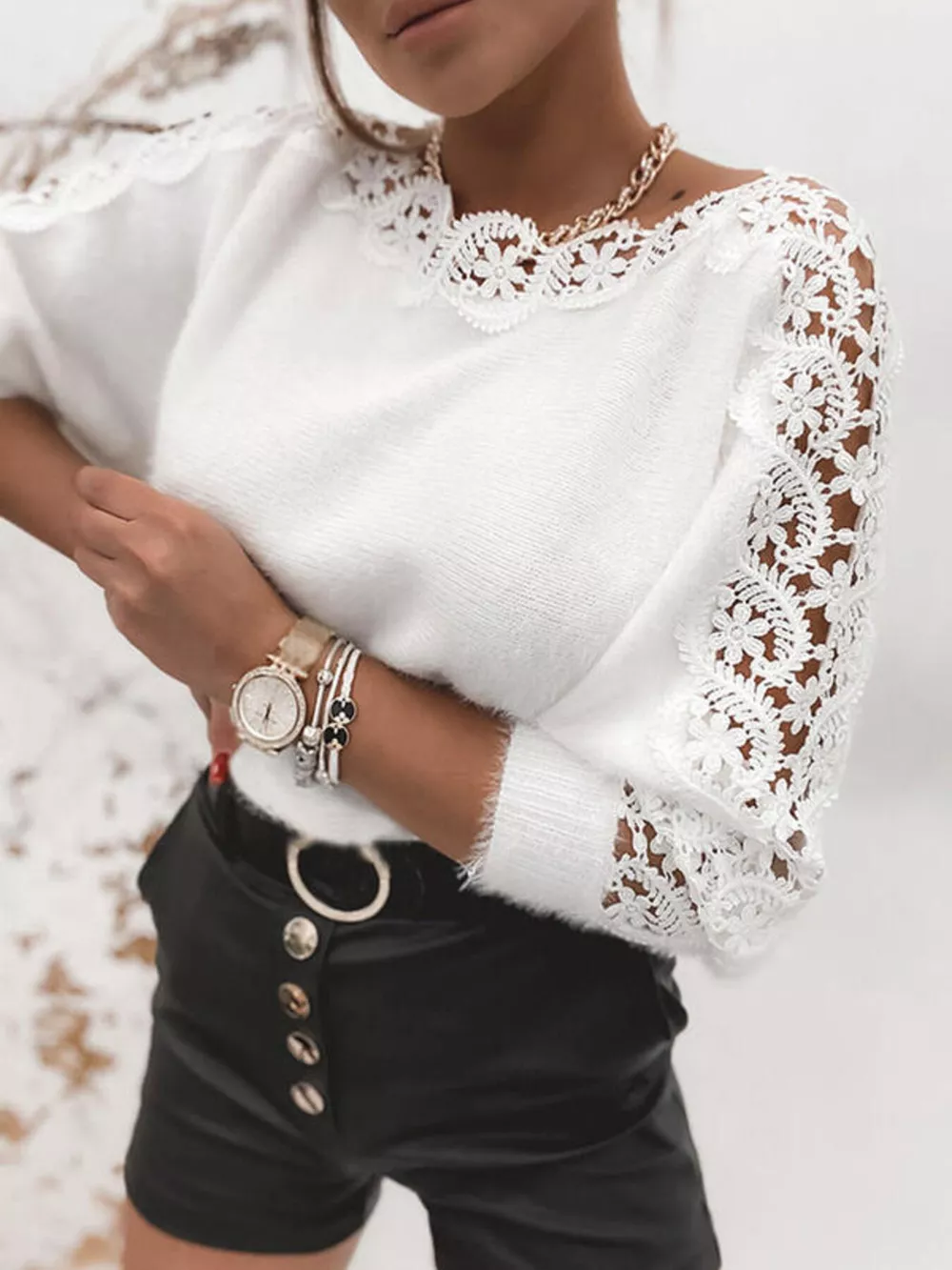Lace Trim Round Neck Sweater, image 3