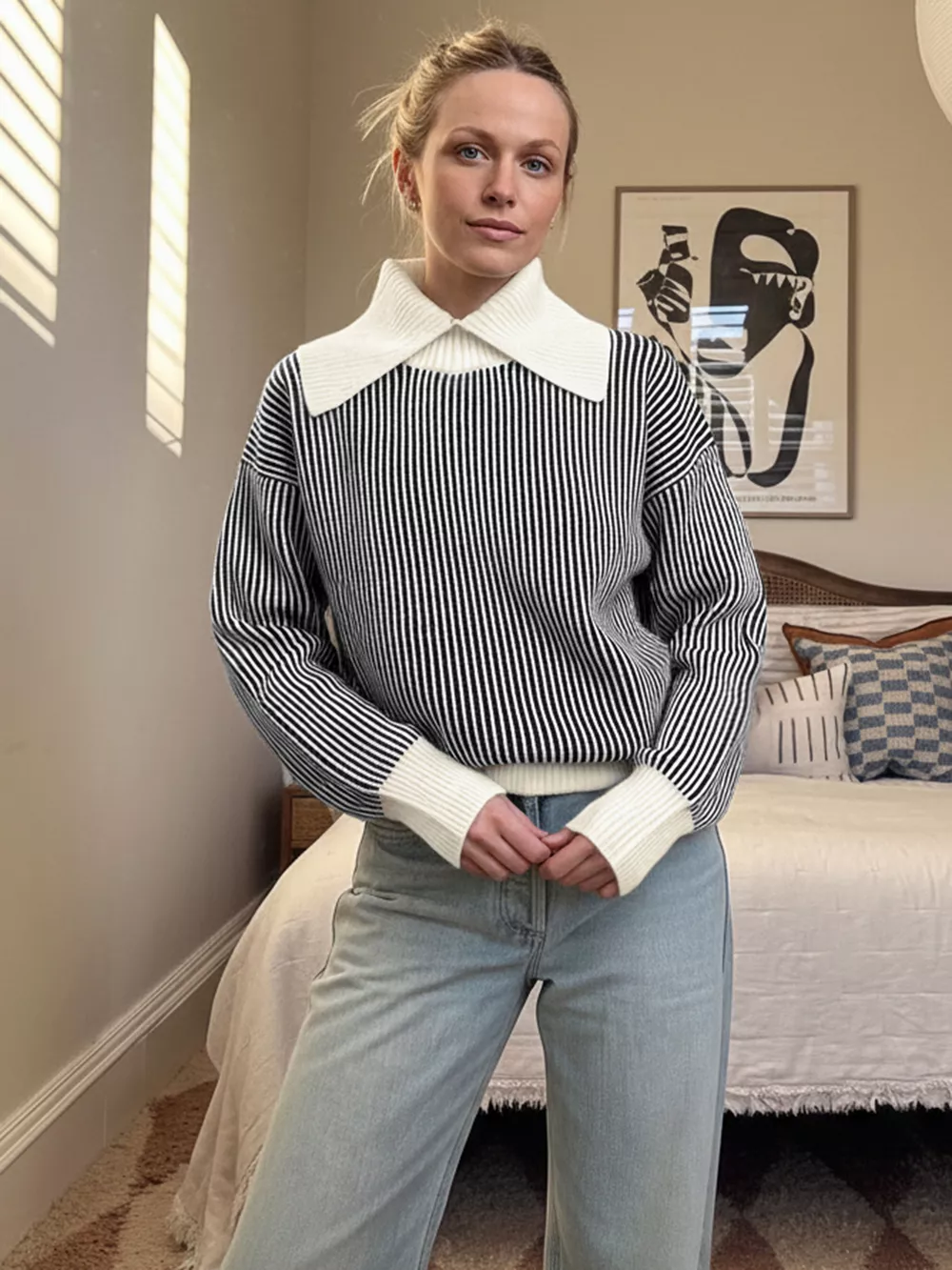 Striped Knit Sweater with Contrast Collar, image 5