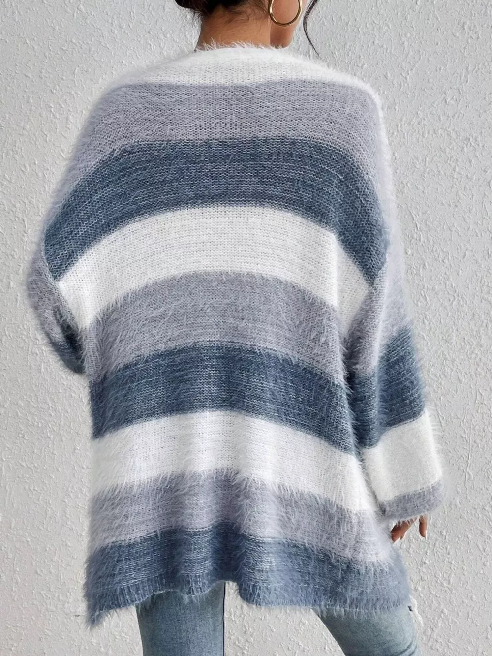 Striped Fuzzy Knit Open Front Cardigan, image 2