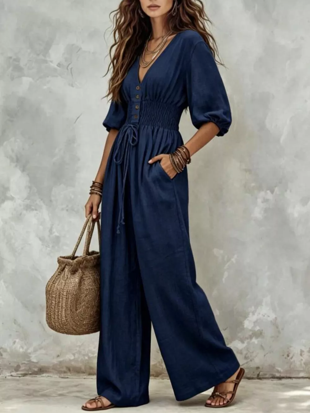 V-Neck Smocked Waist Wide-Leg Jumpsuit, image 3