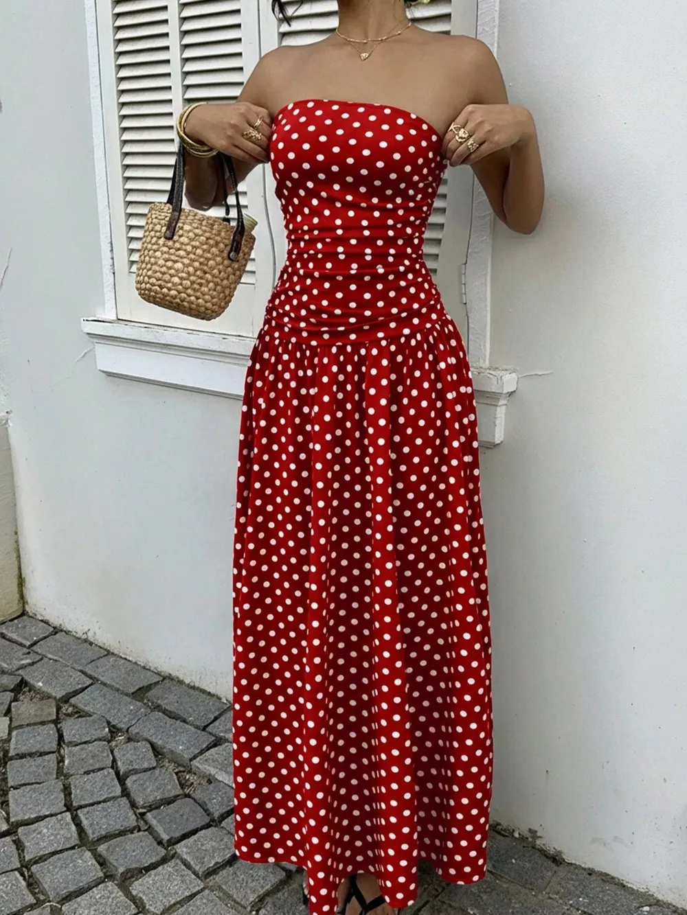 Polka Dot Strapless Maxi Dress, image 4