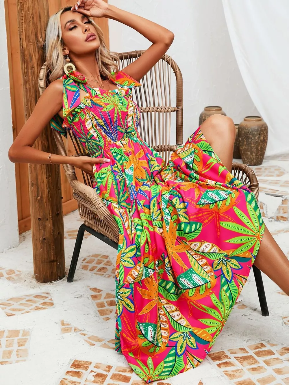 Tropical Print Smocked Tie-Strap Dress, image 2