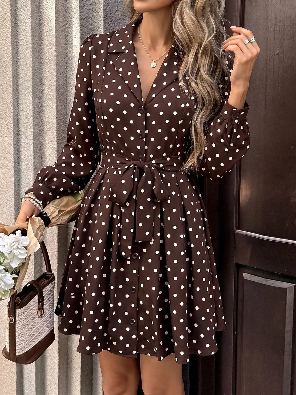 Polka Dot Long Sleeve Shirt Dress, image 2