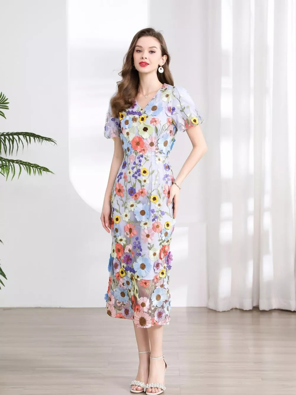 Floral Embroidered Puff Sleeve Midi Dress, image 13