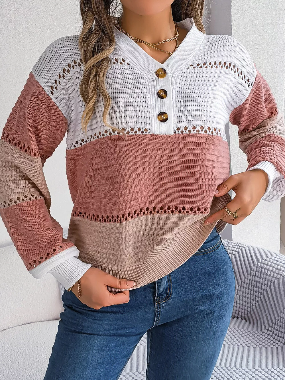 Color Block Striped V-Neck Button Detail Sweater, image 17