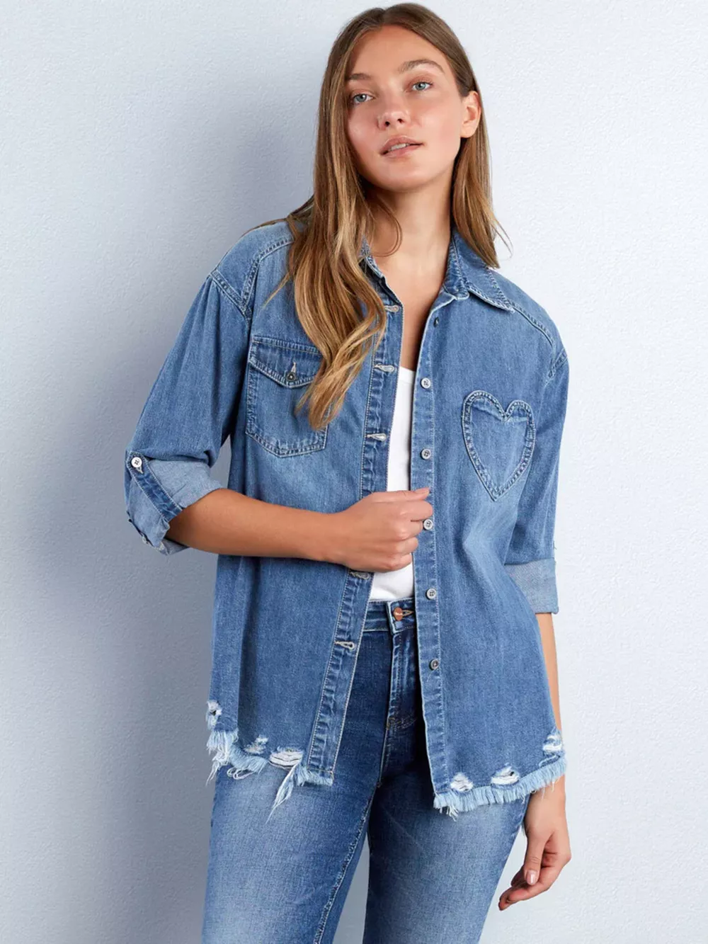 Frayed Hem Roll-Up Sleeve Denim Shirt, image 3