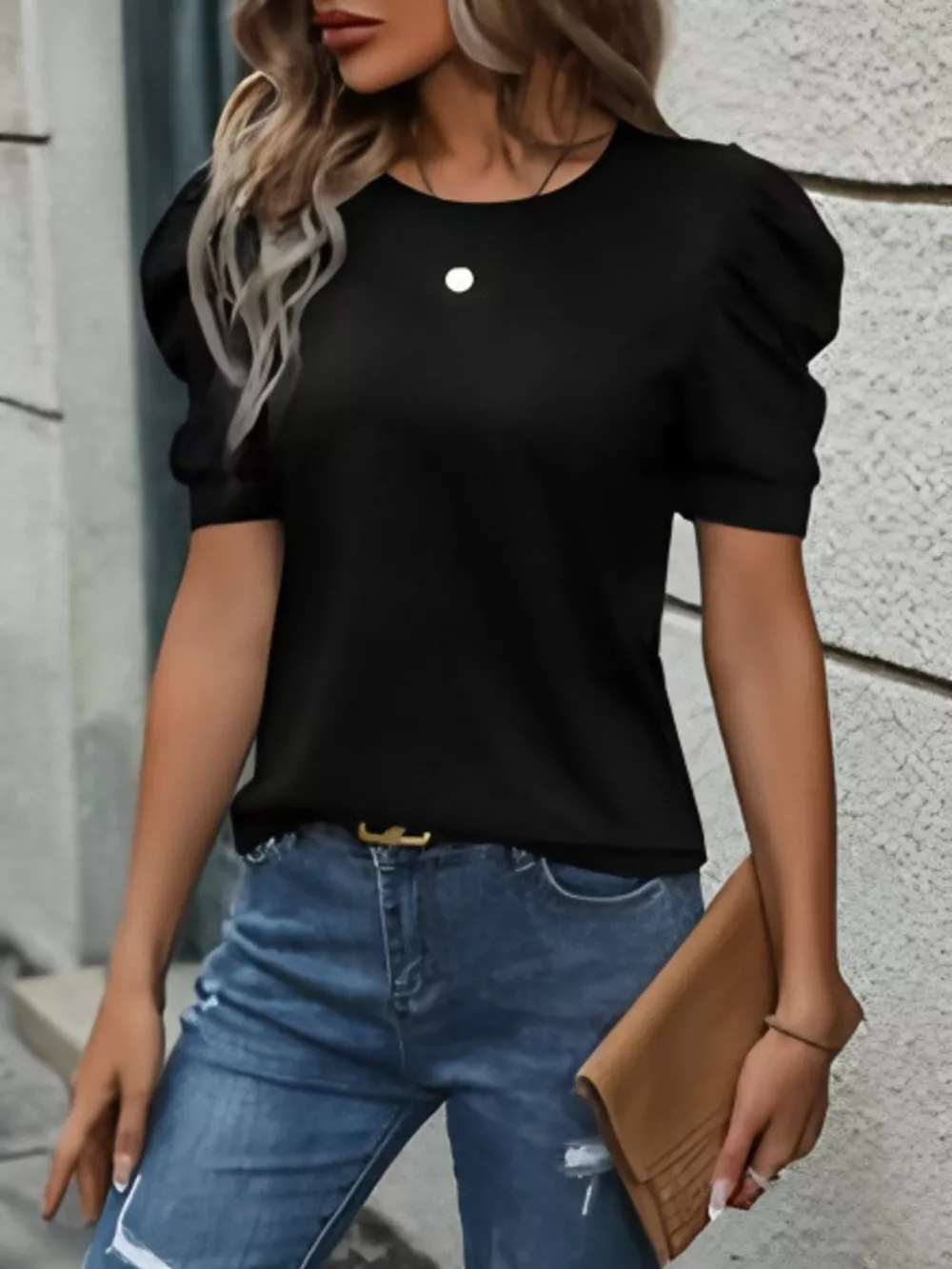 Puff Sleeve Solid Color T-Shirt, image 3