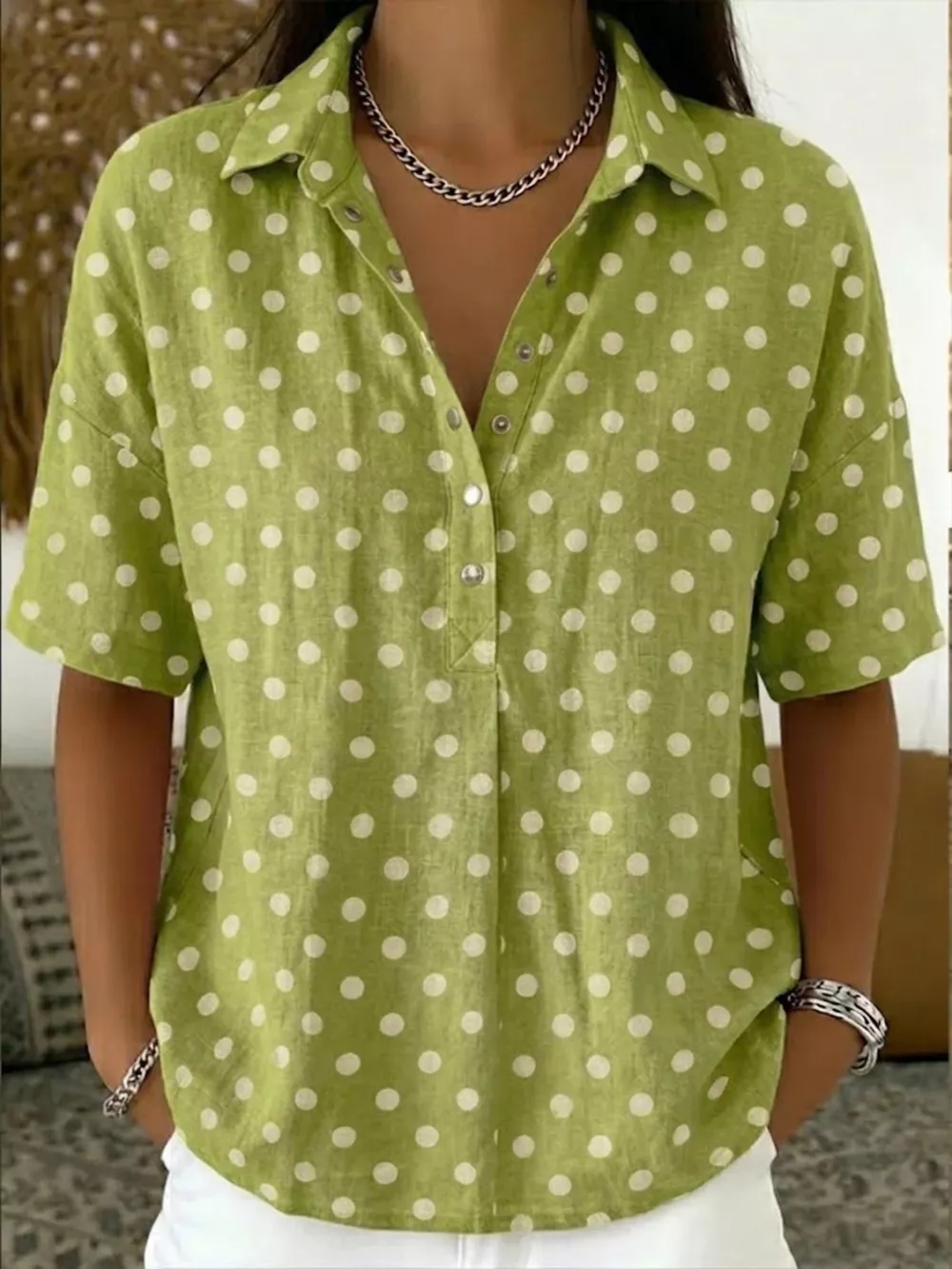 Full Size Polka Dot Short Sleeve Shirt Plus Size, image 10