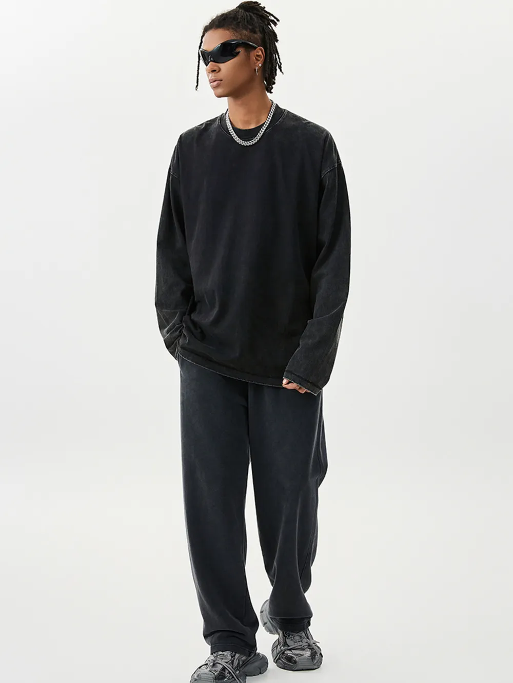 Men's Washed Round Neck Long Sleeve T-Shirt