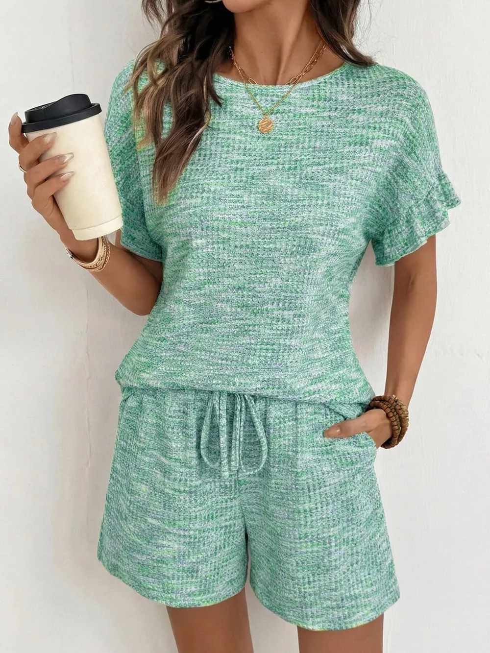 Ruffle Sleeve Textured Top and Shorts Set, image 14