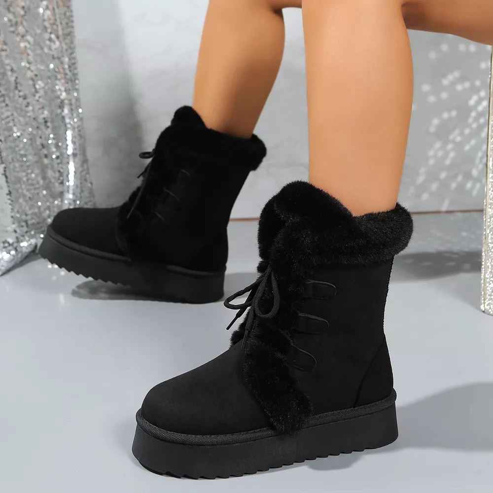 Fuzzy Trim Lace-Up Platform Boots, image 2