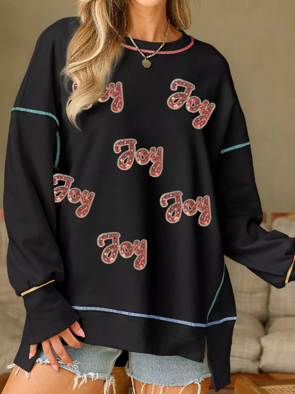 Sequin Joy Letter Graphic Contrast Seam Detail Drop Shoulder Sweatshirt, image 2