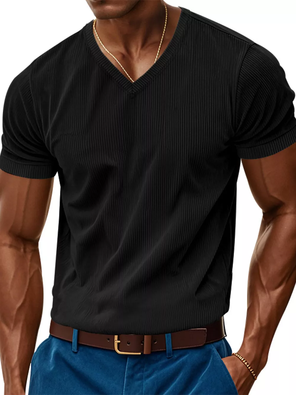 Men's Full Size Ribbed V-Neck T-Shirt Plus Size, image 2