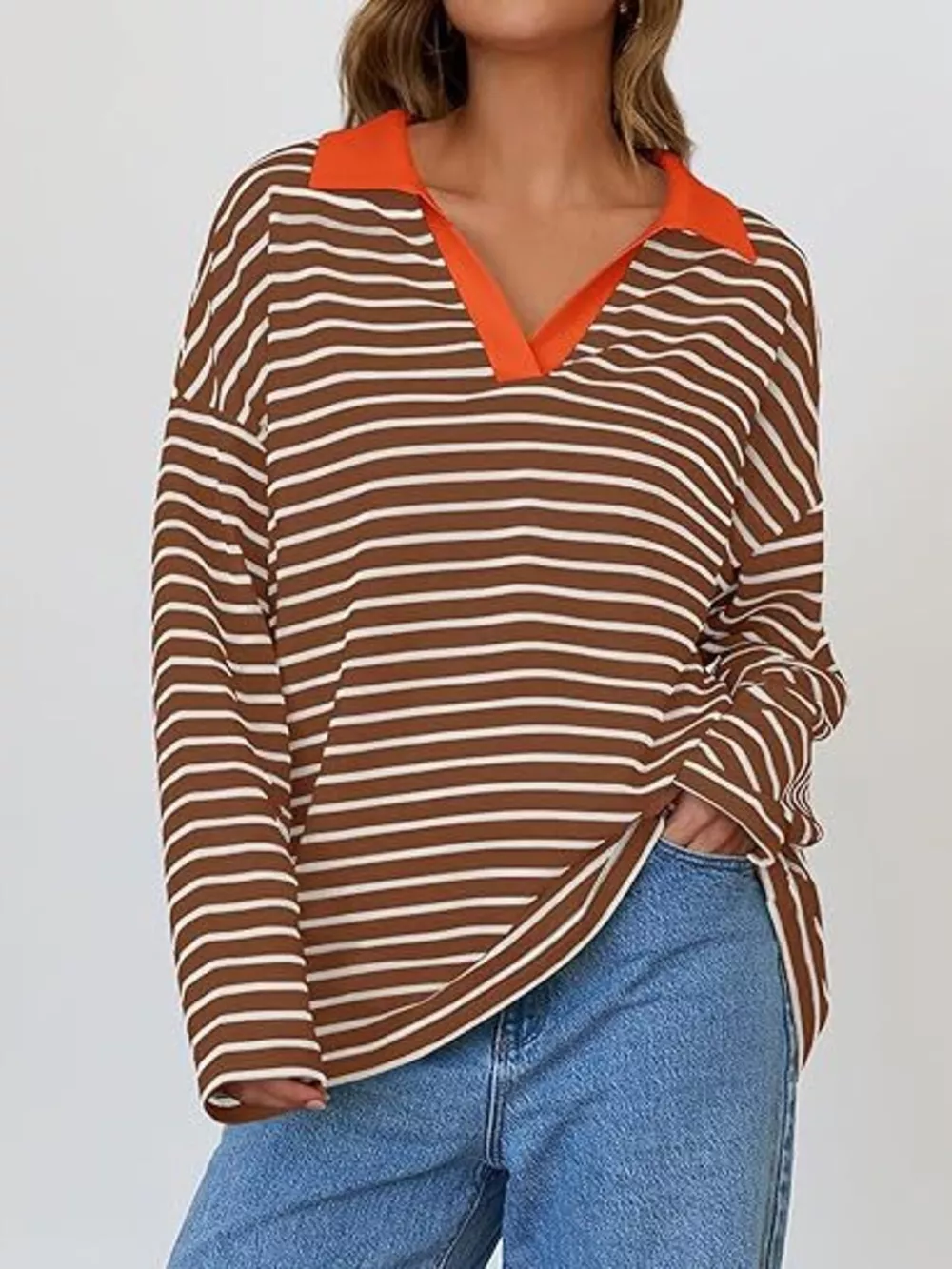 Striped Contrast Collar Long Sleeve Top, image 7