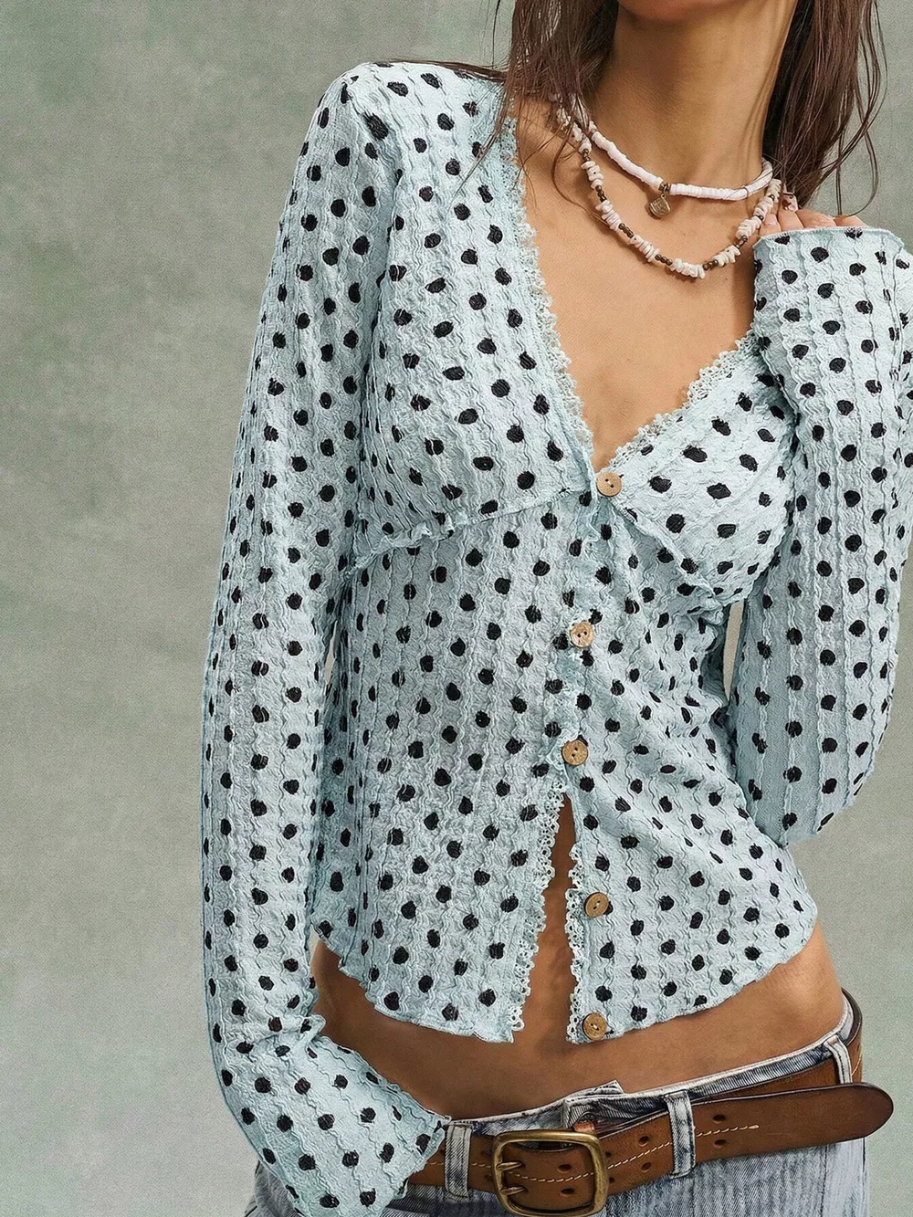 Polka Dot Button Down Textured Long Sleeve Blouse, image 17
