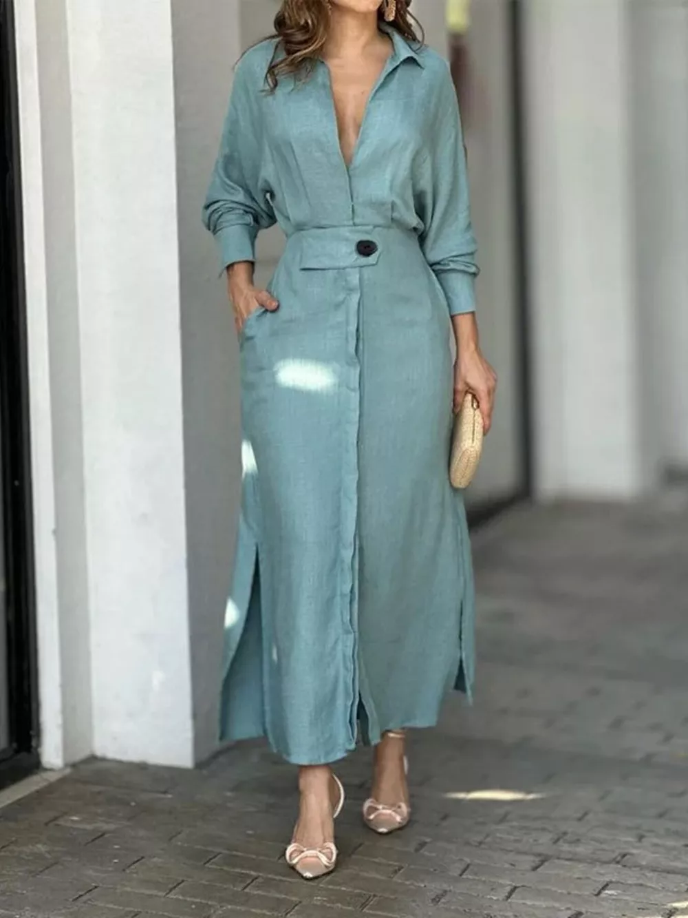 Side Slit Long Sleeve Shirt Dress, image 3