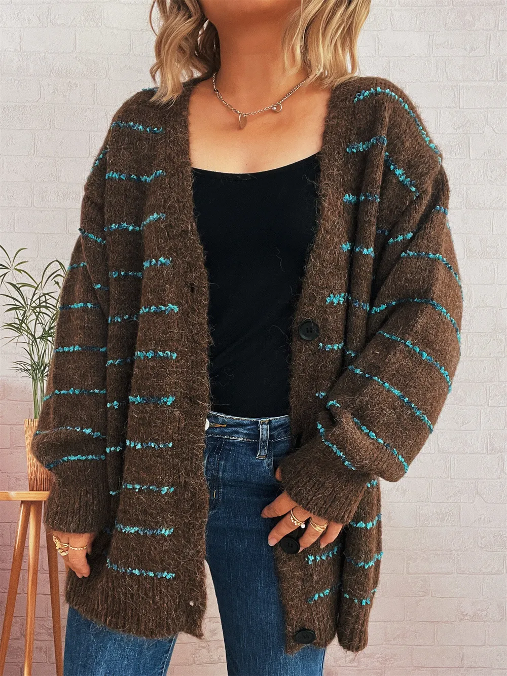 Striped Button-Up Cardigan with V-Neck Design, image 13