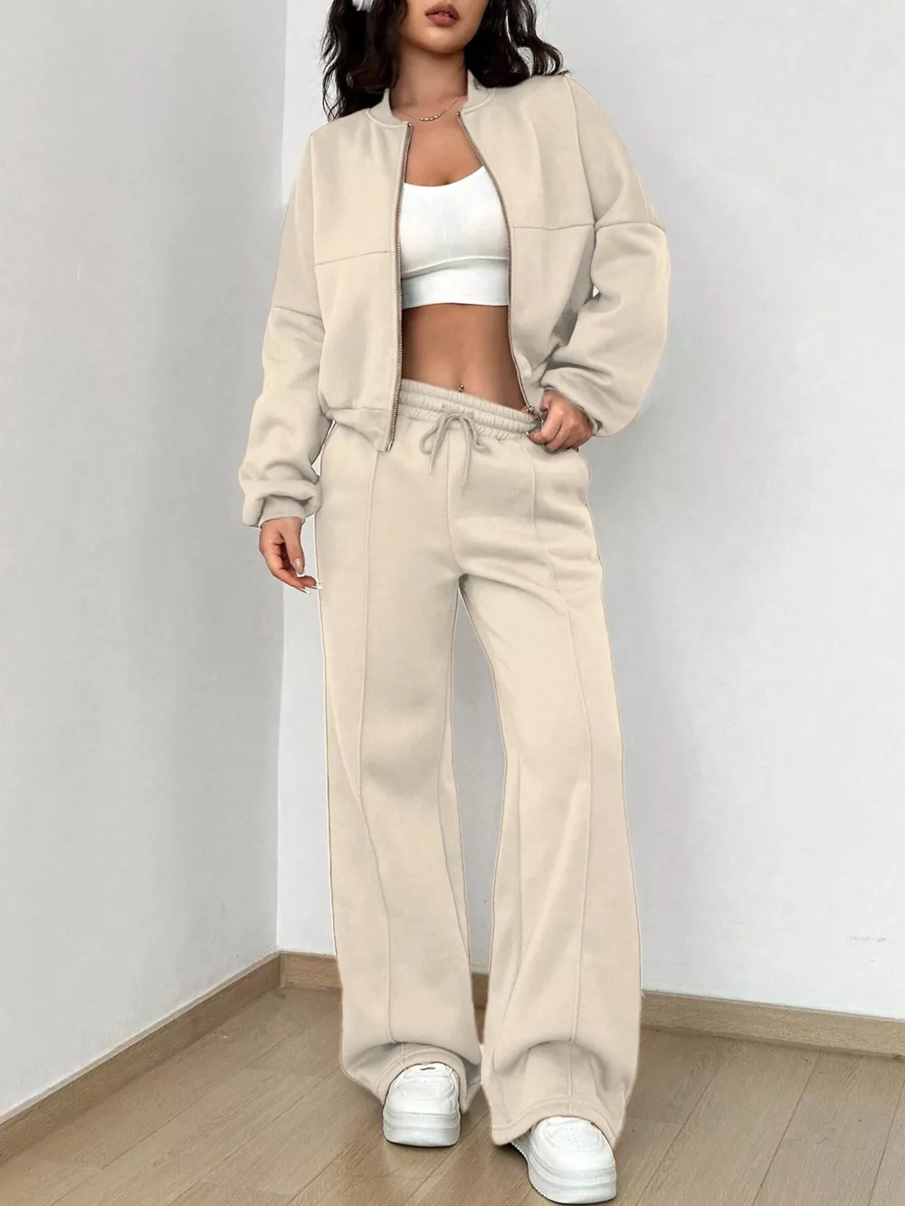 Casual Solid Color Zipper Jacket and Wide Leg Pants Set, image 2