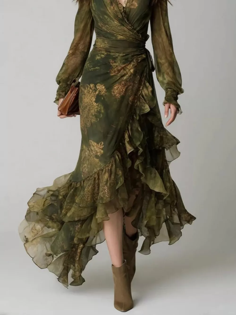Floral Print Ruffle Hem Wrap Maxi Dress, image 3