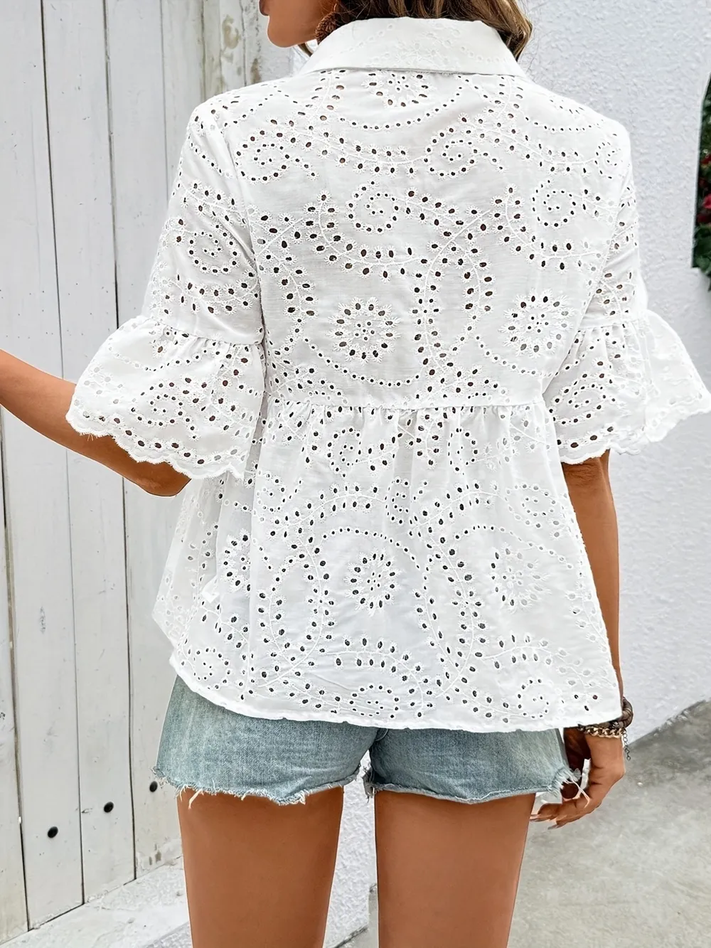 Eyelet Button Down Half Sleeve Shirt, image 2