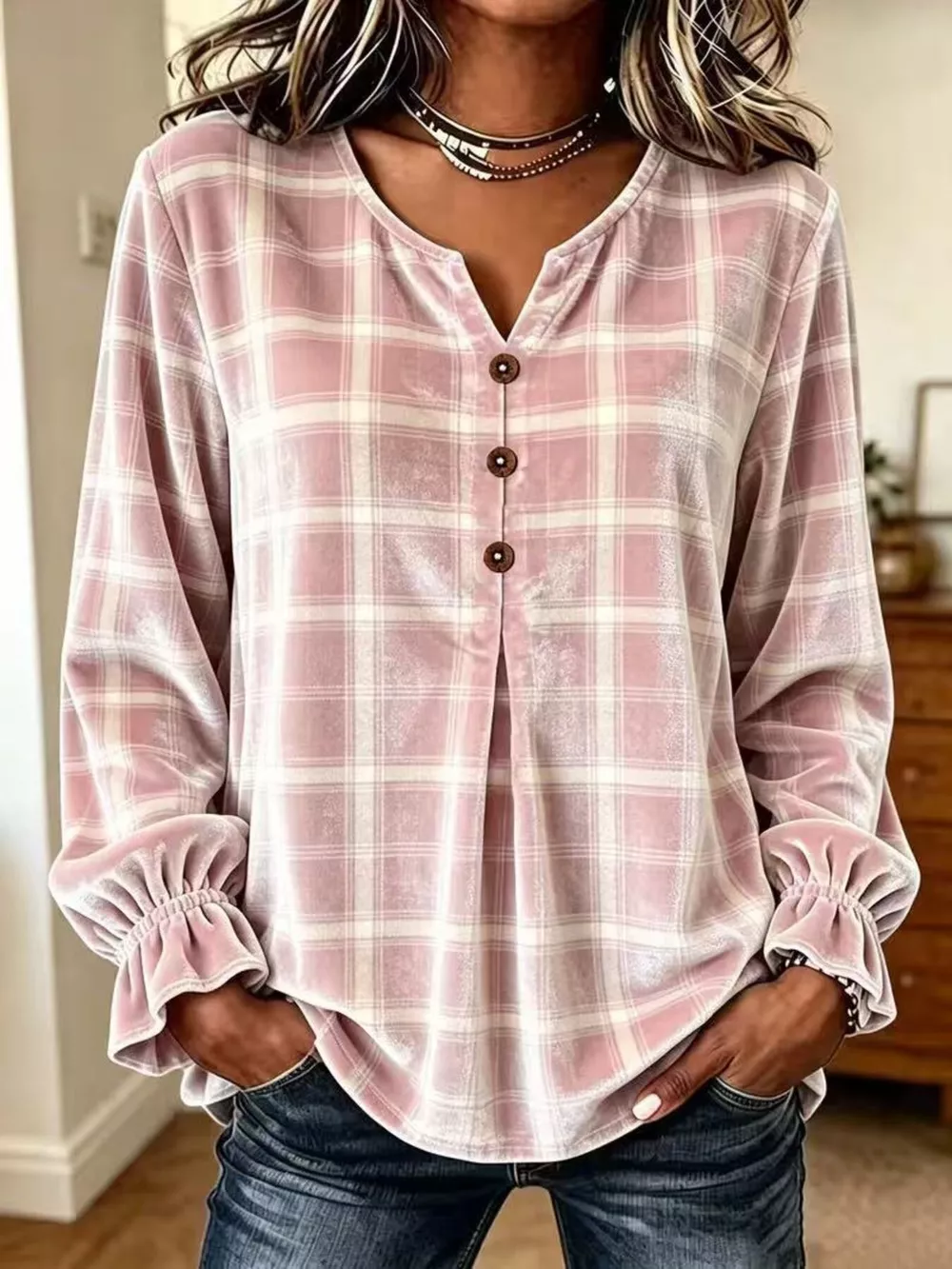 Full Size Plaid Velvet Flounce Sleeve Blouse Plus Size, image 4