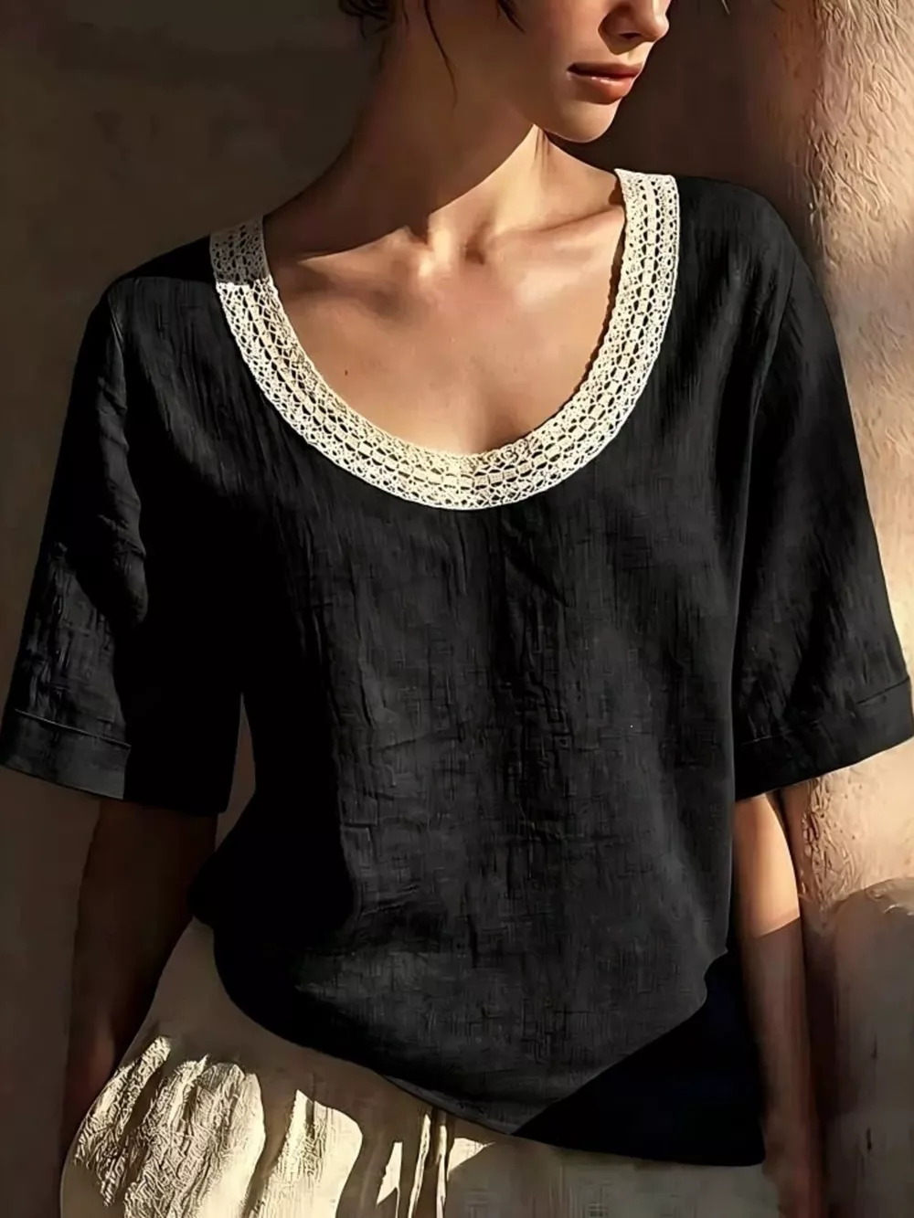 Full Size Lace Trim Short Sleeve Blouse Plus Size, image 6