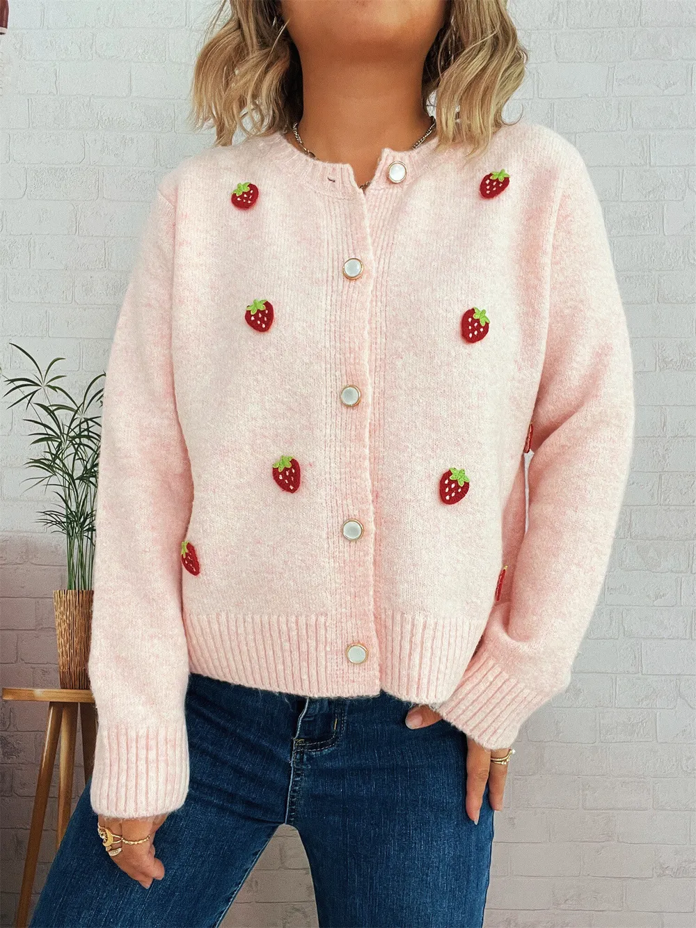 Strawberry Button Up Long Sleeve Cardigan, image 3