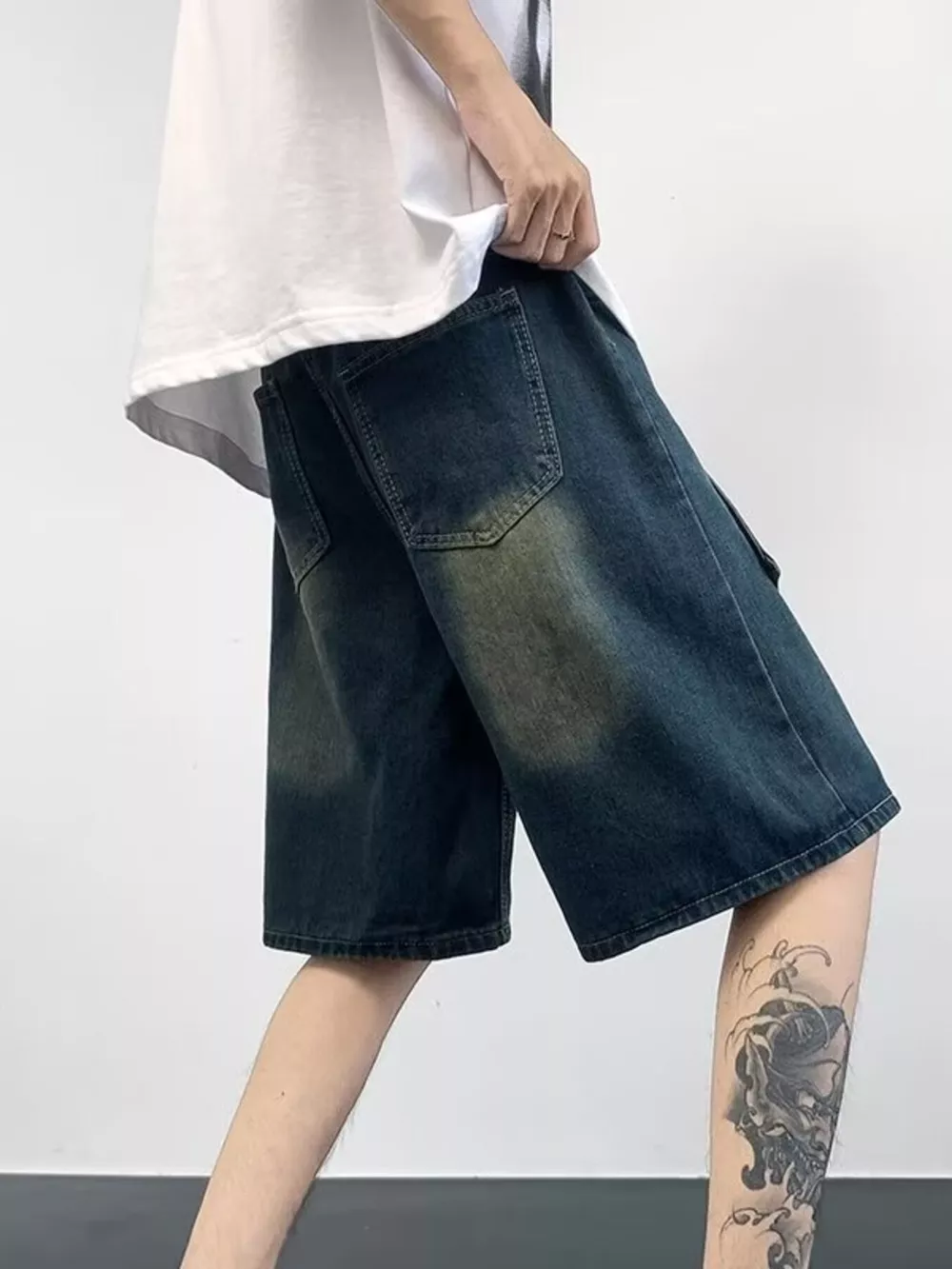 Men's Plus Size Wash Denim Shorts with Pockets, image 5