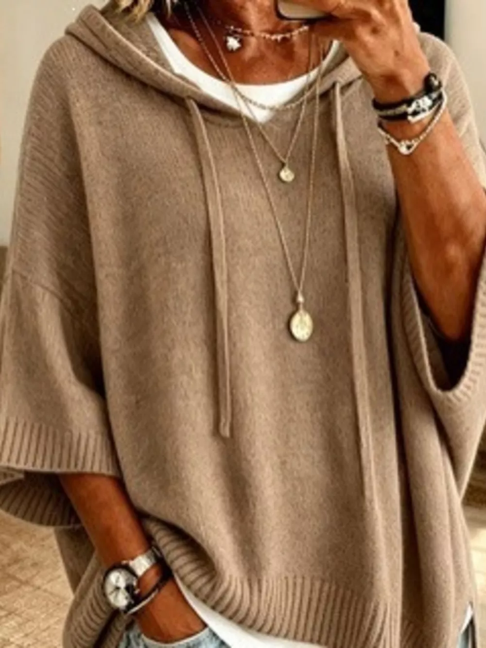 Casual Loose Fit Hooded Knit Sweater with Ribbed Hem, image 8