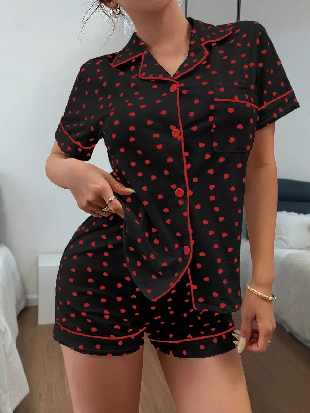 Heart Print Button-Down Short Sleeve Top and Shorts Lounge Set