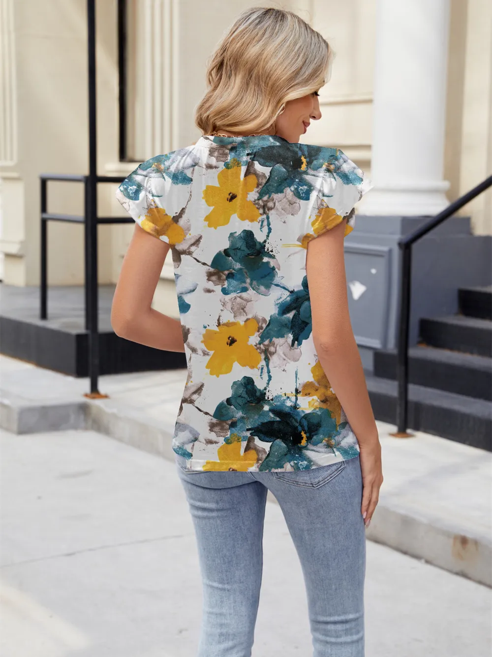 Floral Print V-Neck Cap Sleeve Casual Summer Blouse, image 17