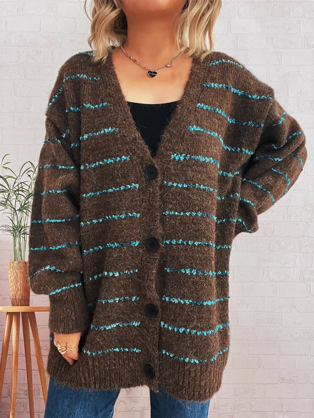 Striped Button-Up Cardigan with V-Neck Design, image 14