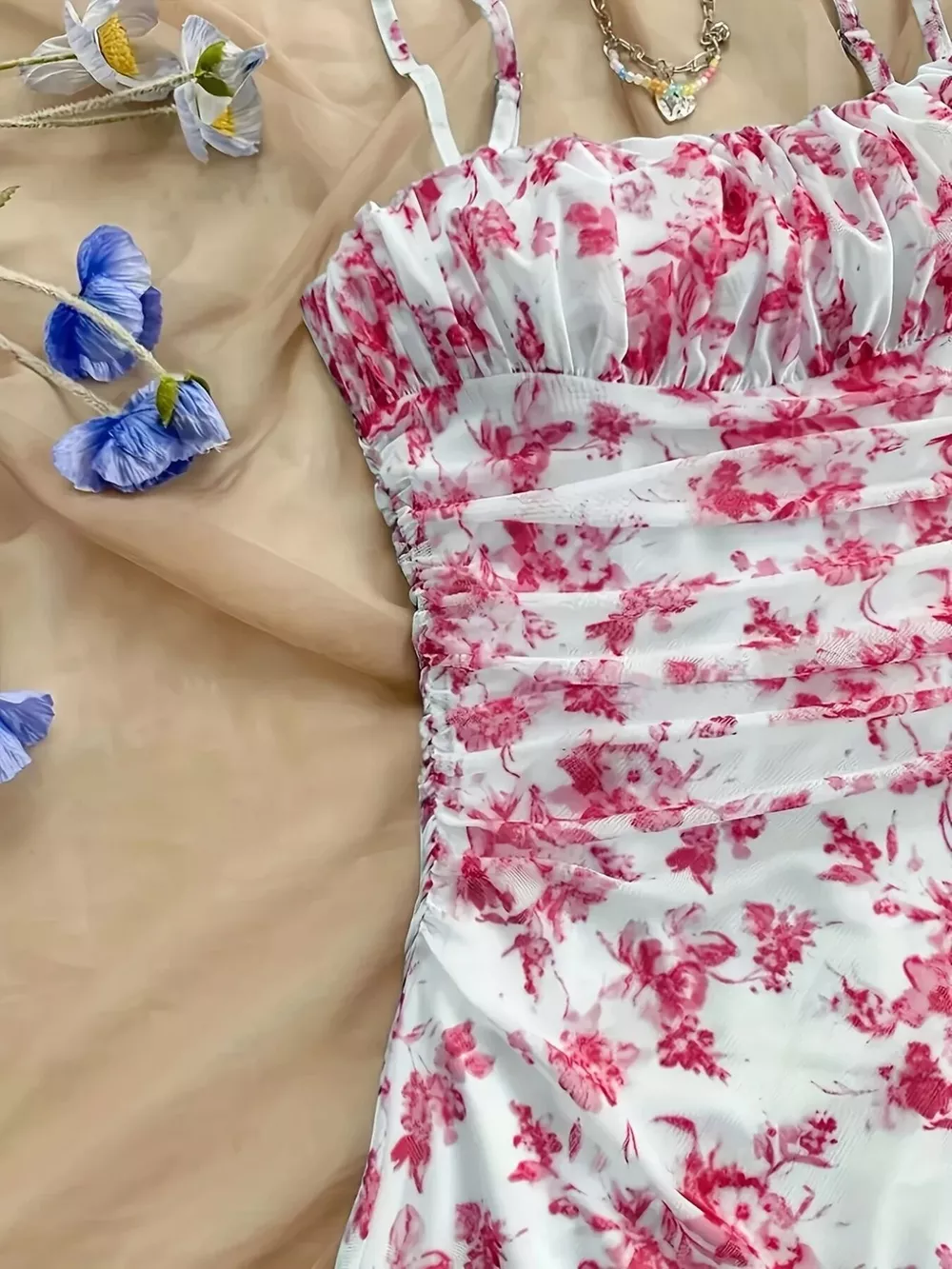 Floral Ruched Spaghetti Strap Mini Dress, image 3