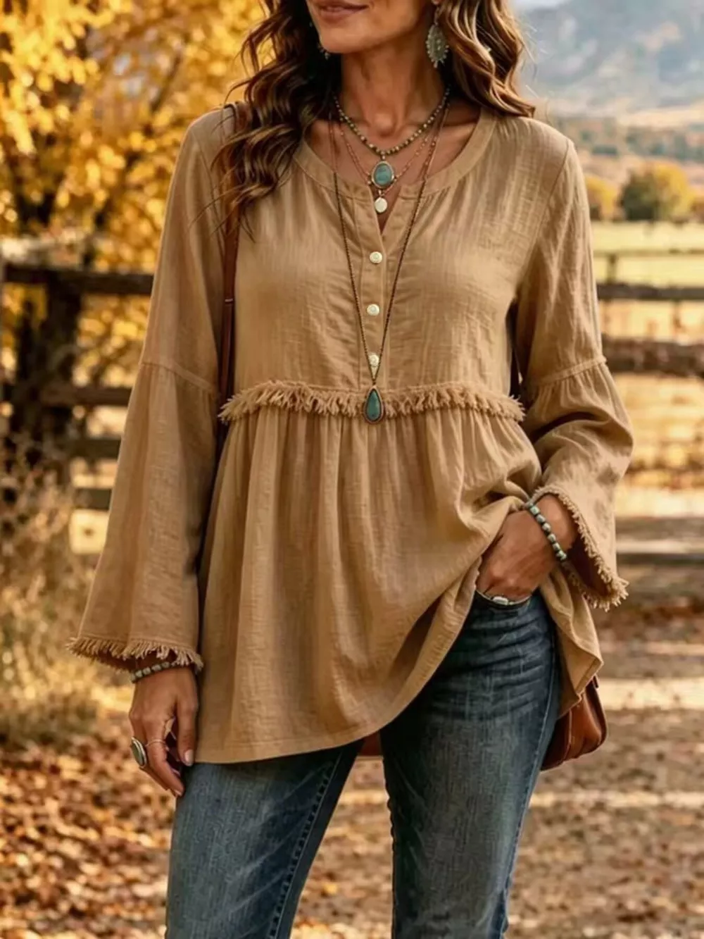 Full Size Fringed Button Detail Blouse Plus Size, image 7