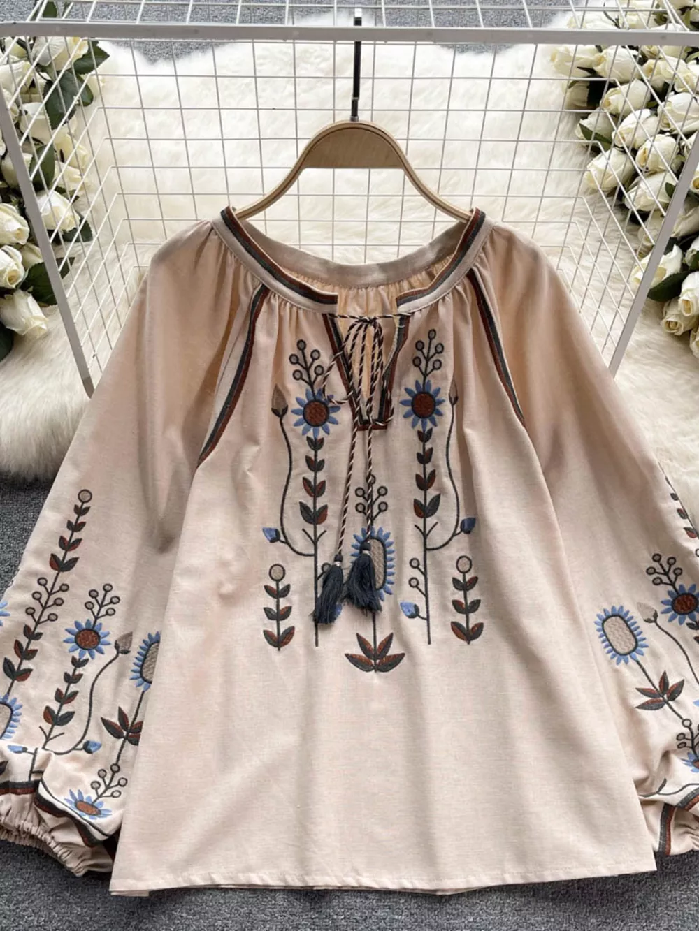 Embroidered Tie Neck Blouse, image 2