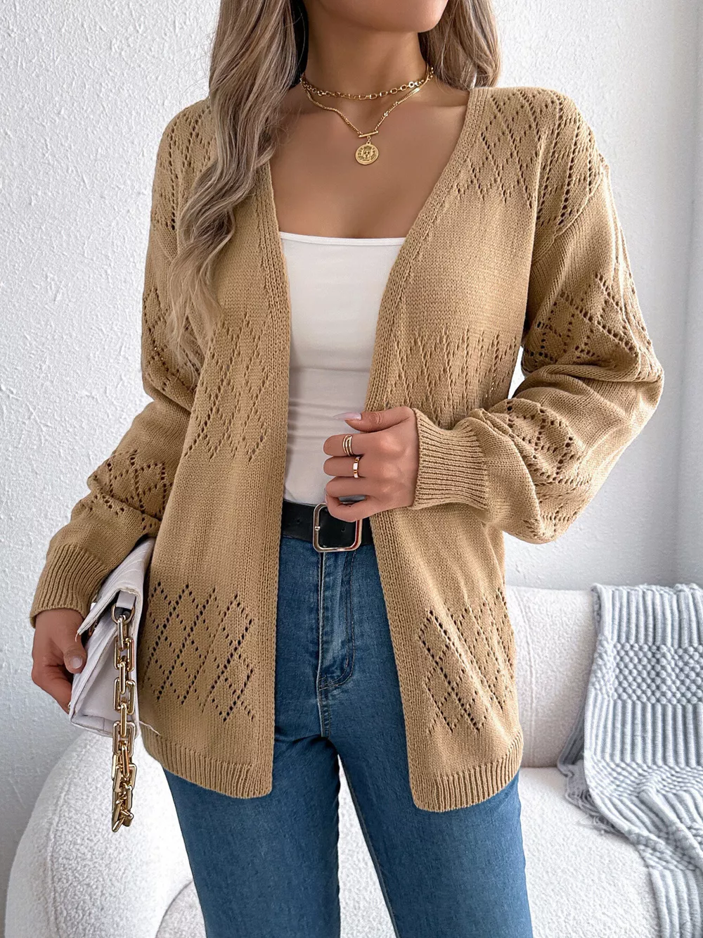 Openwork Open Front Long Sleeve Cardigan, image 4