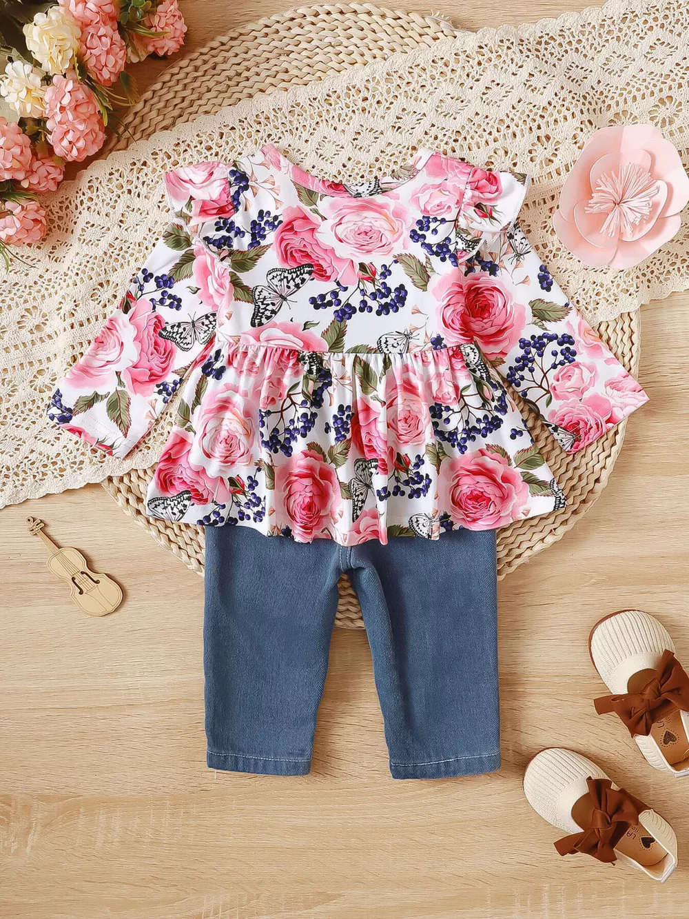 Children's Floral Ruffle Trim Top & Distressed Jeans Set, image 2