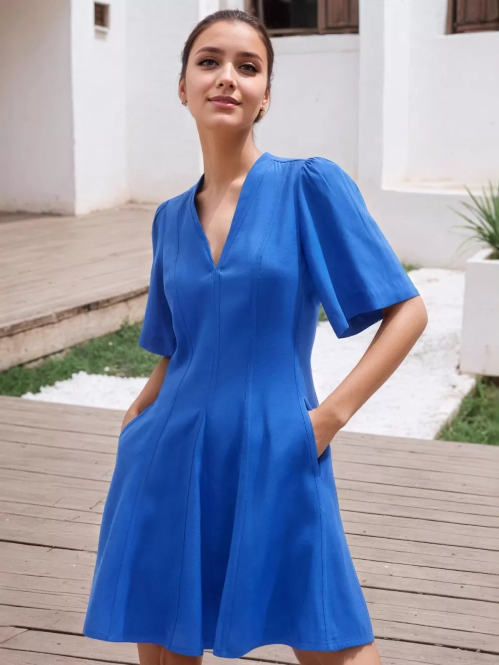 V-Neck Short Sleeve Dress with Pockets, image 2